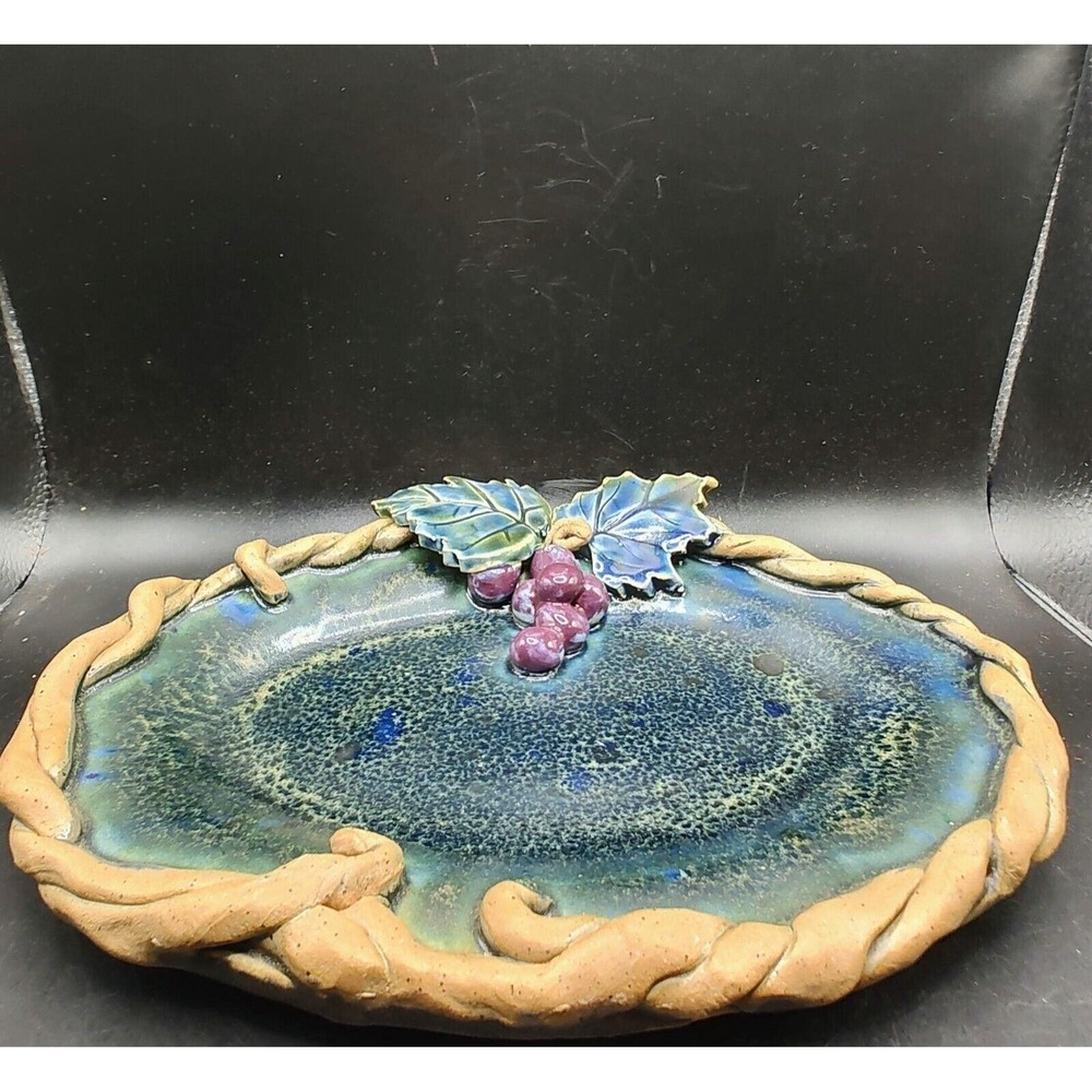 Handmade Art Pottery Green Glaze Candy Trinket Dish Grapes And Leaves Signed 10"